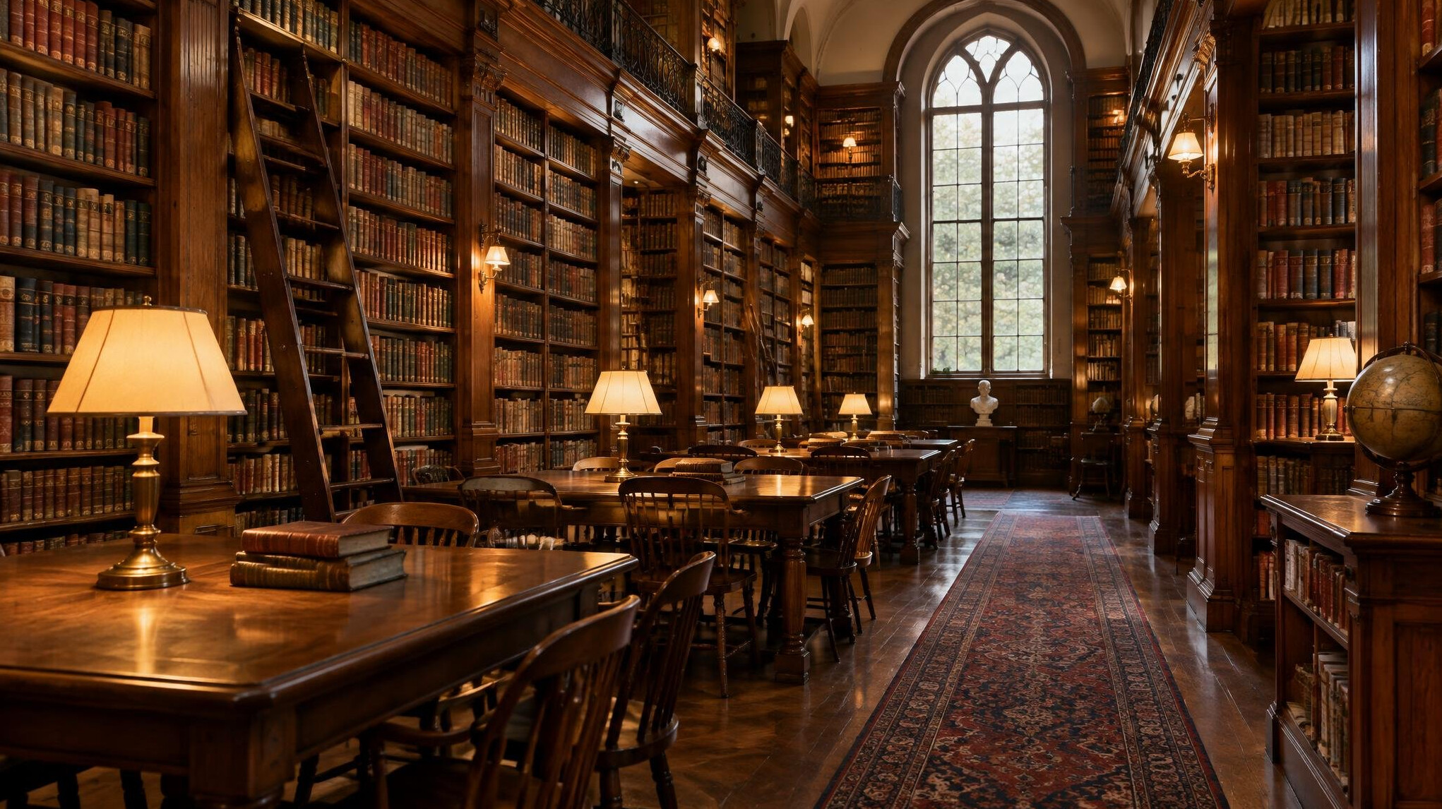 Grand old library with tall wooden shelves