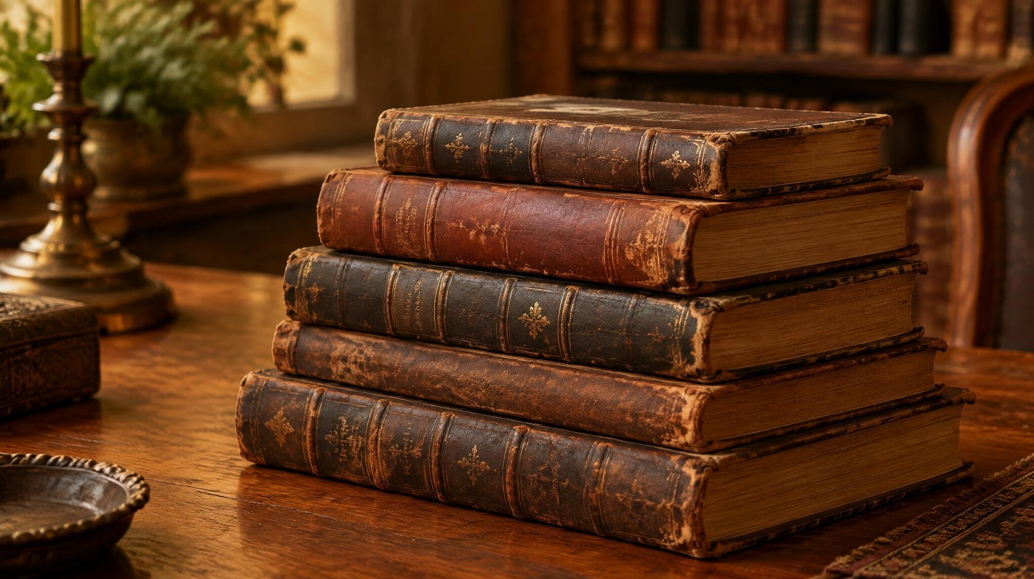 Pile of old books with worn covers