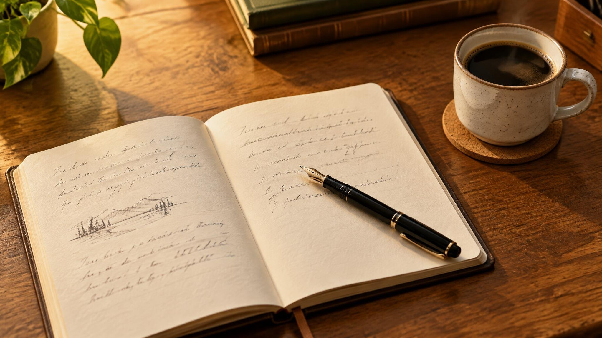 Open notebook with a pen on a desk